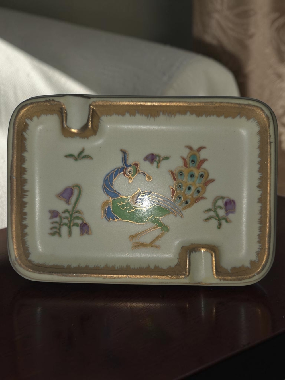 Fred Roberts Company Porcelain Ashtray with Peacock Motif 50s/60s